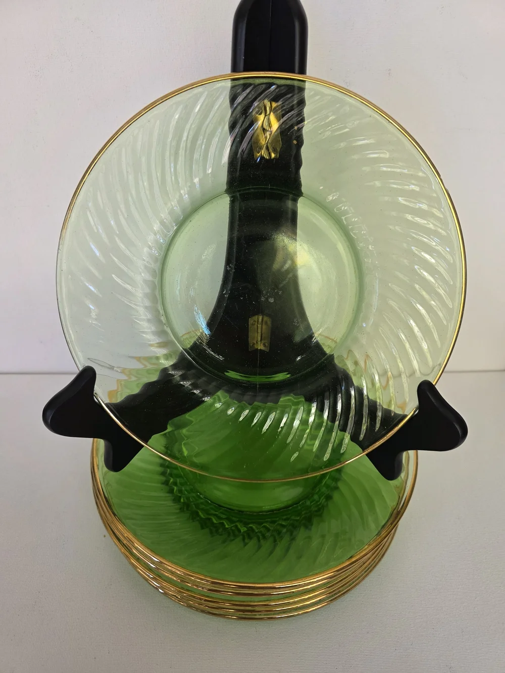 Vintage Hocking Green Glass Dinner Saucers with Gold Rim - Set of 6
